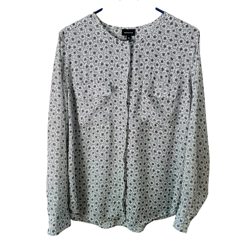 Who What Wear Target Black White Floral All Over Print Hidden Button Blouse XL